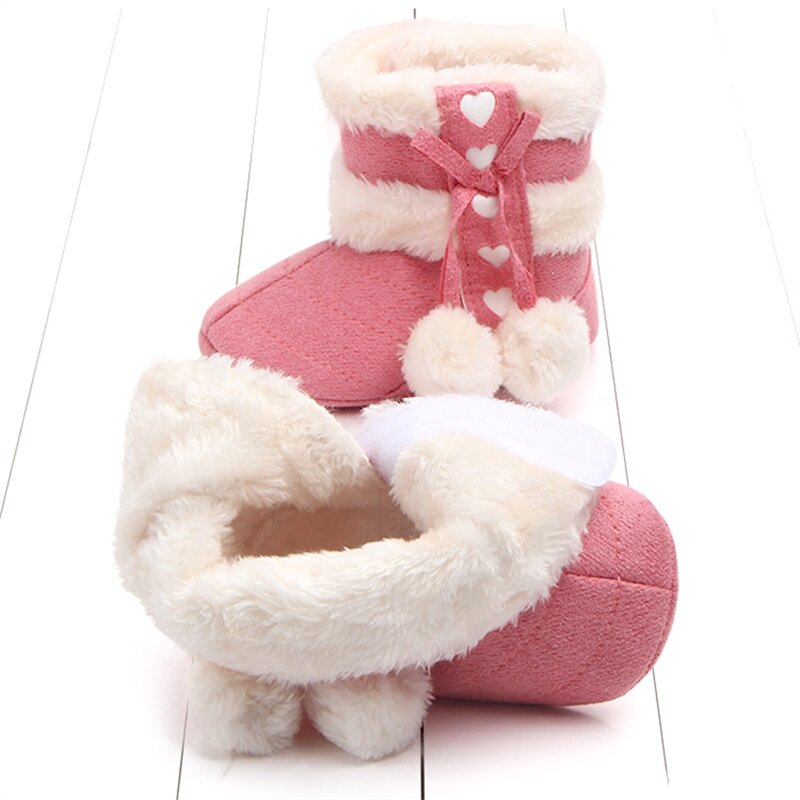 Botas de invierno para niñas recién nacidas, suela suave, antideslizante, lindo Lazo, felpa, Pom, nieve, cálido, calzado de cuna infantil