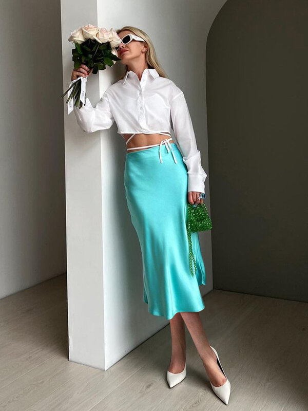 Mnealways18 однотонная фиолетовая атласная шелковая юбка женская летняя длинная юбка с высокой талией Новинка 2024 элегантные женские офисные юбки миди Весна