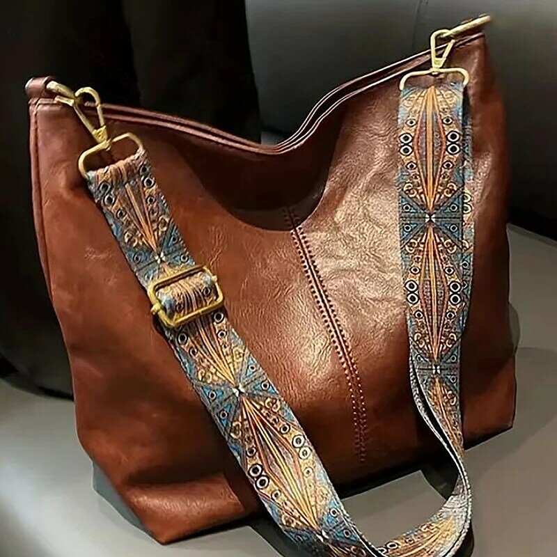 Vintage Solid Color Women Fashion Shoulder Sling Bag High-Capacity Simple Wide Strap Bucket Crossbody Bag