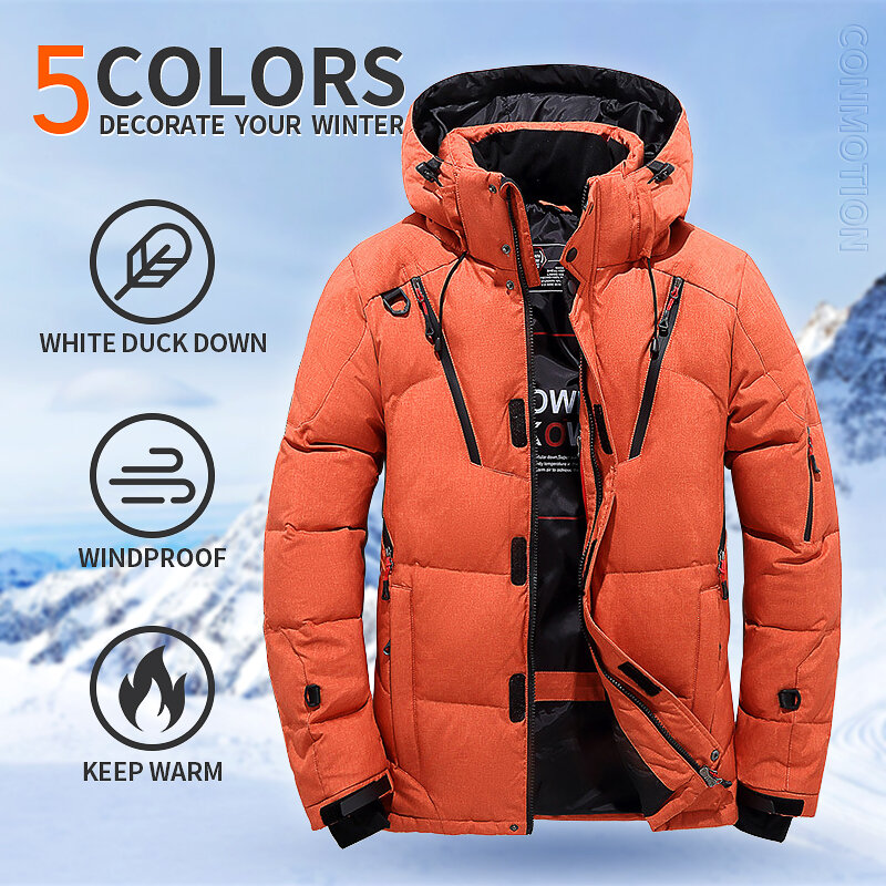 Men's White Duck Hat Jacket, Thermal Windproof Jacket, Camping Jacket, Thick, Solid Color, Men's Wear, Travel, Winter, New