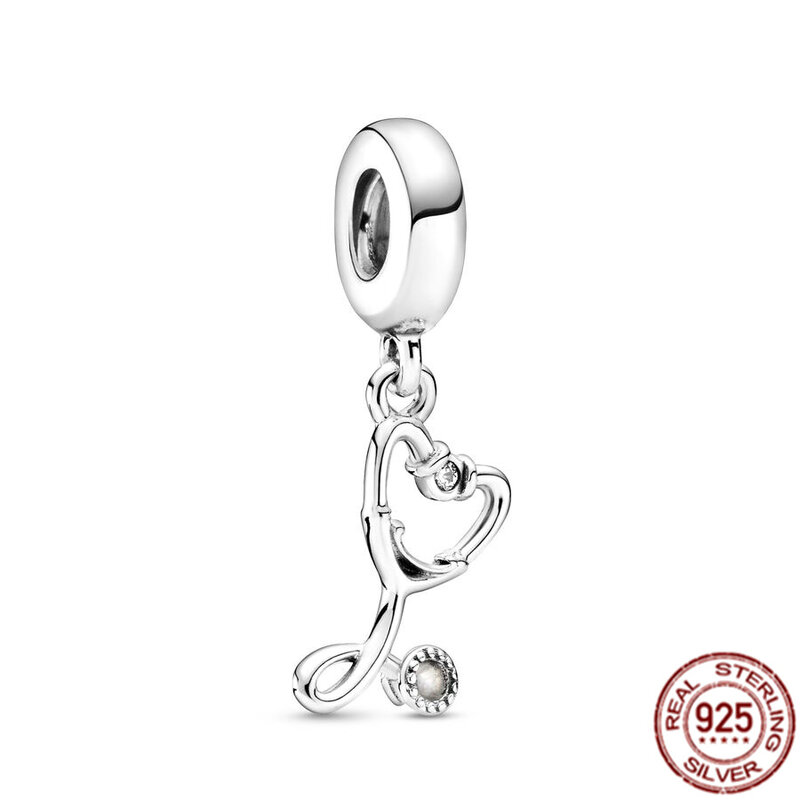 Autentico stetoscopio in argento Sterling 925 cuore e coppia di sposi ciondola perline con ciondoli adatti al regalo di gioielli con bracciale Pandora originale