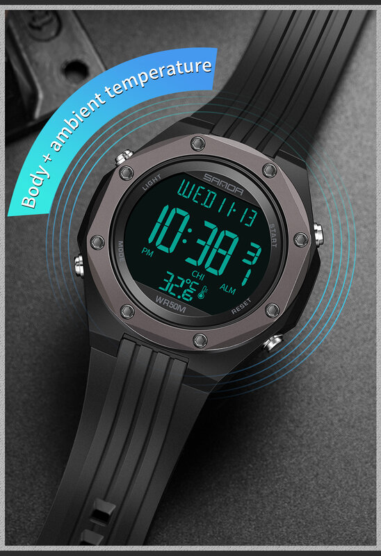 SANDA NEW Fashion wojskowe zegarki męskie Monitor temperatury ciała 50M wodoodporny zegarek sportowy LED elektroniczne zegarki na rękę 6028