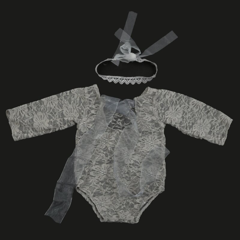 Bebê recém-nascido photoshoot traje macacão renda com headwear fotografia prop outfit conjunto roupas do bebê usado para