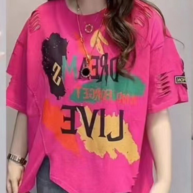Camisetas irregulares con letras estampadas y cuello redondo para mujer, ropa informal holgada, asimétrica, 2024