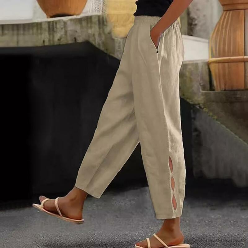 Calças soltas com cintura elástica feminina, detalhe lateral oco, calça casual para streetwear, design elegante, verão
