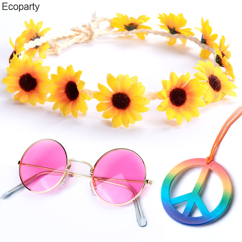 Conjunto de disfraz Hippie con diadema de margaritas, gafas de sol, signo de la paz, collar, diadema, suministros para fiesta de Halloween, accesorios Hippie 30, 2022