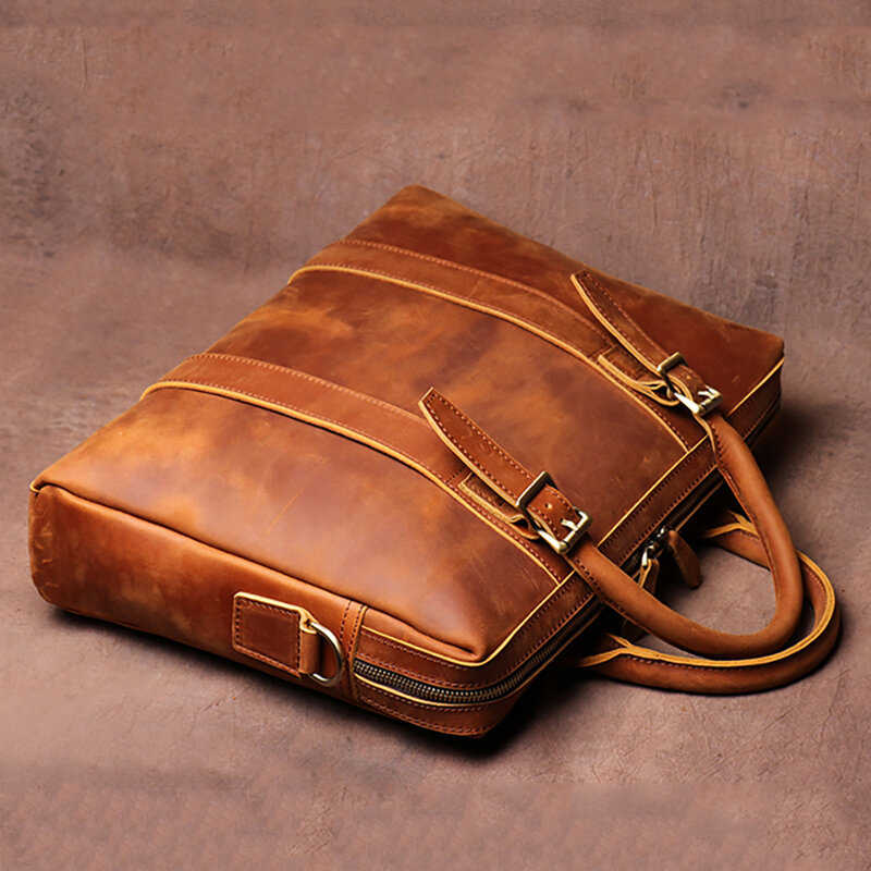 Vintage Rundlederen Lichtgewicht Handtas Heren Kantoor Aktetas 15 "Notebook Laptoptas Man Fashion Messenger Bag