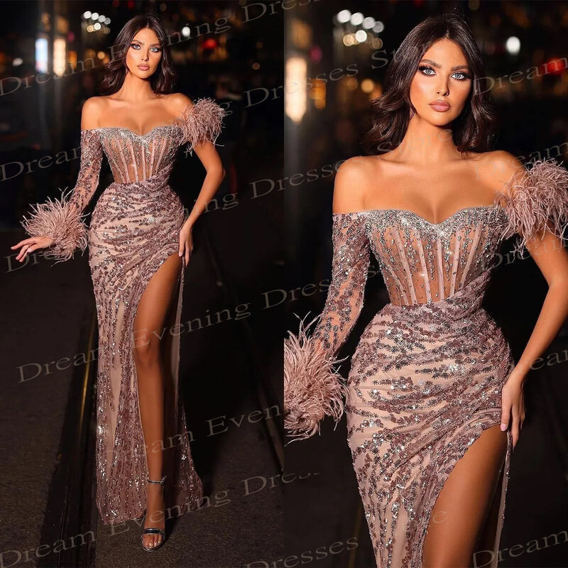 Exquisite Mermaid Classic Evening Dresses Fashionable Sweetheart Off Shoulder One Sleeve Feathers Prom Gowns With High Split