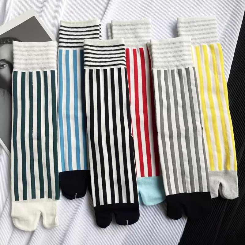 Coloridos calcetines de algodón peinado para mujer, medias a rayas, estilo Retro, Tabi, Harajuku, japonés, tubo medio, deportes, Punta dividida