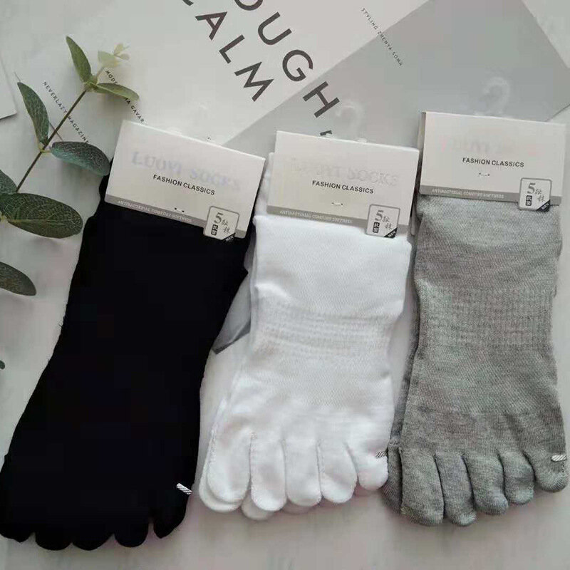 Meias de algodão de cinco dedos para homens, branco, preto, cinza, malha, curto, baixo tubo, meias de dedo, meias finas, presente