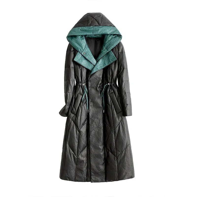 Doudoune longue en cuir véritable pour femme, manteau mince en peau de mouton, veste de mode élégante, hiver, nouveau, 2024
