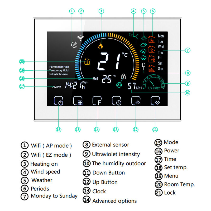 와이파이 지능형 프로그래밍 가능한 방 온도조절기 백라이트 LCD 전기 난방 컨트롤러 실버