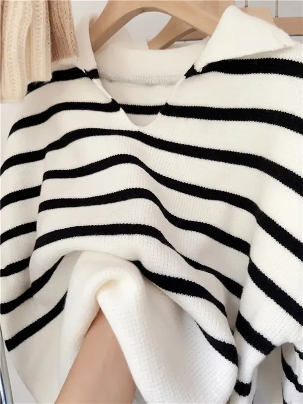 NMZM-Suéter feminino de malha listrada, top elegante, moda vintage, novo, outono e inverno, 2023