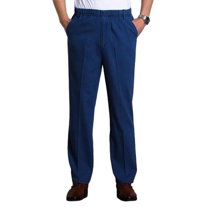 Elastyczne męskie spodnie wygodne męskie jeansy w średnim wieku Slim Fit z elastyczną talią dżinsy z wysokim stanem kieszenie miękkie na co dzień