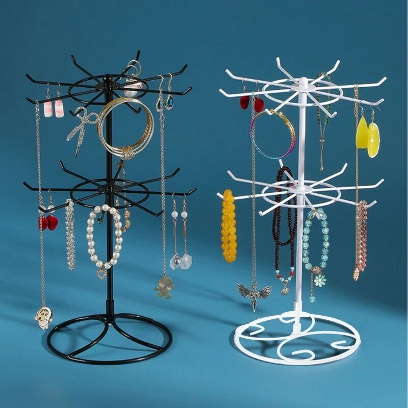 Rotating Iron 2-Tier Revolving Stand Rack Jewelry Display Hanger Counter Top Spinner Rack for Retail Bracelet Organizer