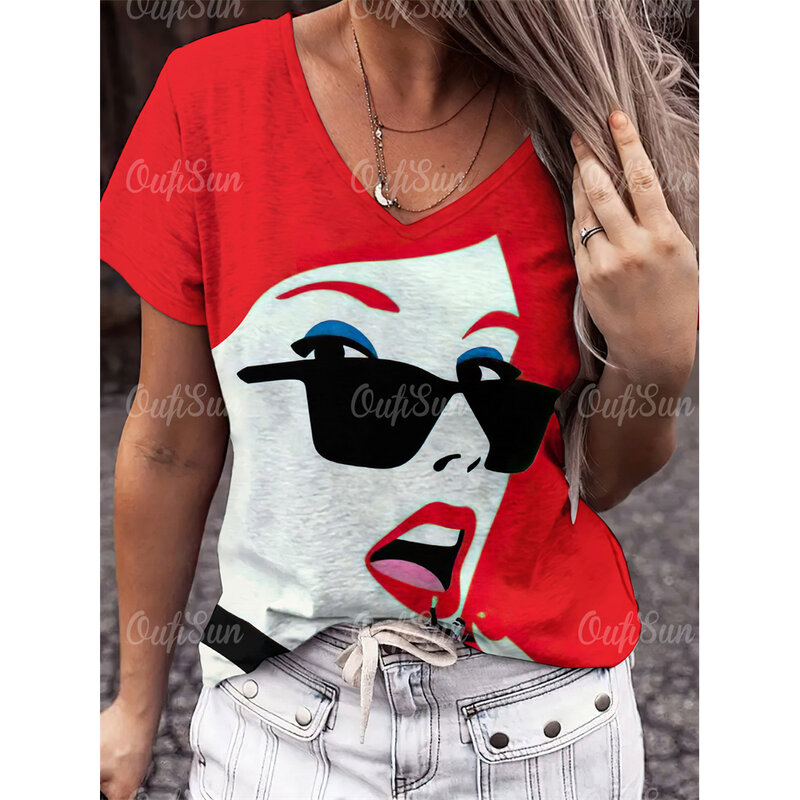 Fashionable Women Print Streetwear Women's T-shirts Stylish V-neck Cool Tops Casual Short Sleeves Pullover Loose Women Clothing