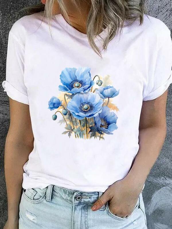 Camiseta de los años 90 con estampado de flores para mujer, ropa básica de manga corta, ropa estampada