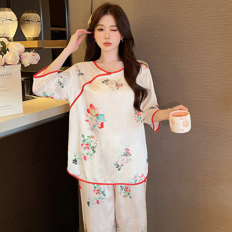 High End Summer Pajama Sets for Women New Chinese Style Satin Sleepwear Elegant Floral Print Pullover Nightwear Female Homewear