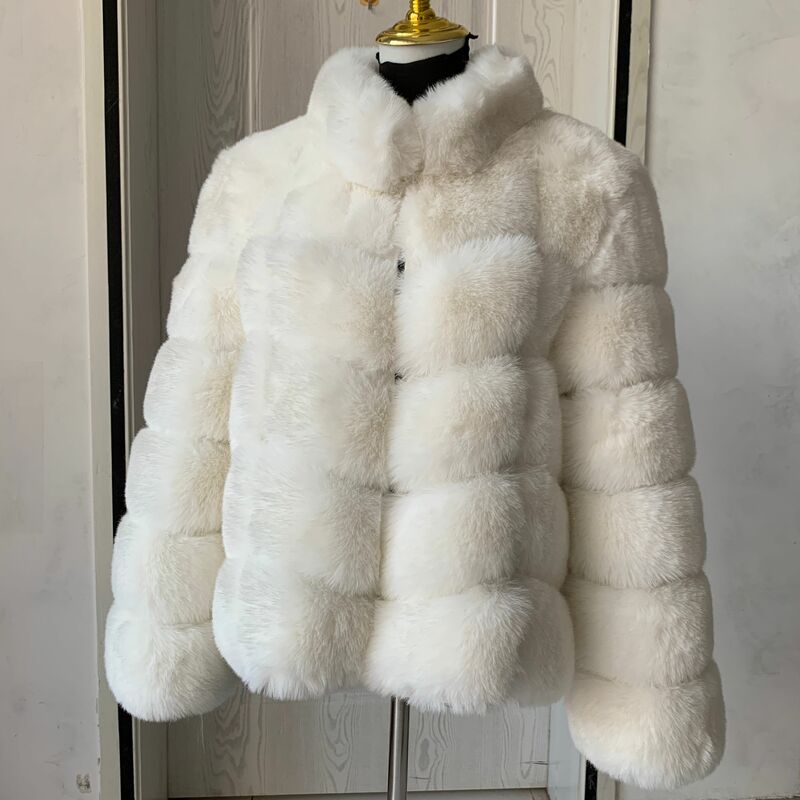 Mantel bulu palsu hangat untuk wanita, jaket bulu palsu Fashion desain kerah persegi, jaket bulu buatan hangat musim dingin untuk wanita