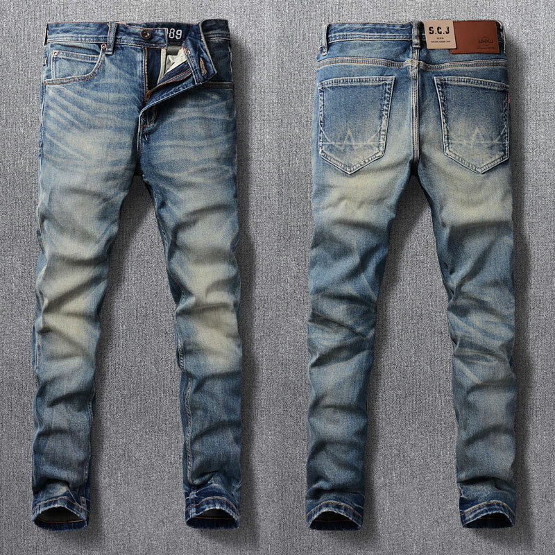 Jeans Pria Fashion Antik Jeans Desainer Ramping Elastis Biru Retro Kualitas Tinggi Celana Panjang Klasik Pria Celana Denim Kasual Hombre
