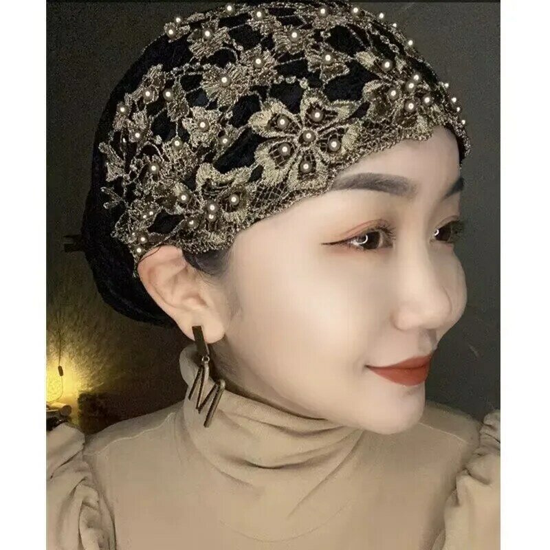 Topi Turban Manik-manik Renda Topi Syal Kepala Wanita Muslim Topi Headwrap Wanita Musim Panas Hijab Bagian Dalam Sejuk