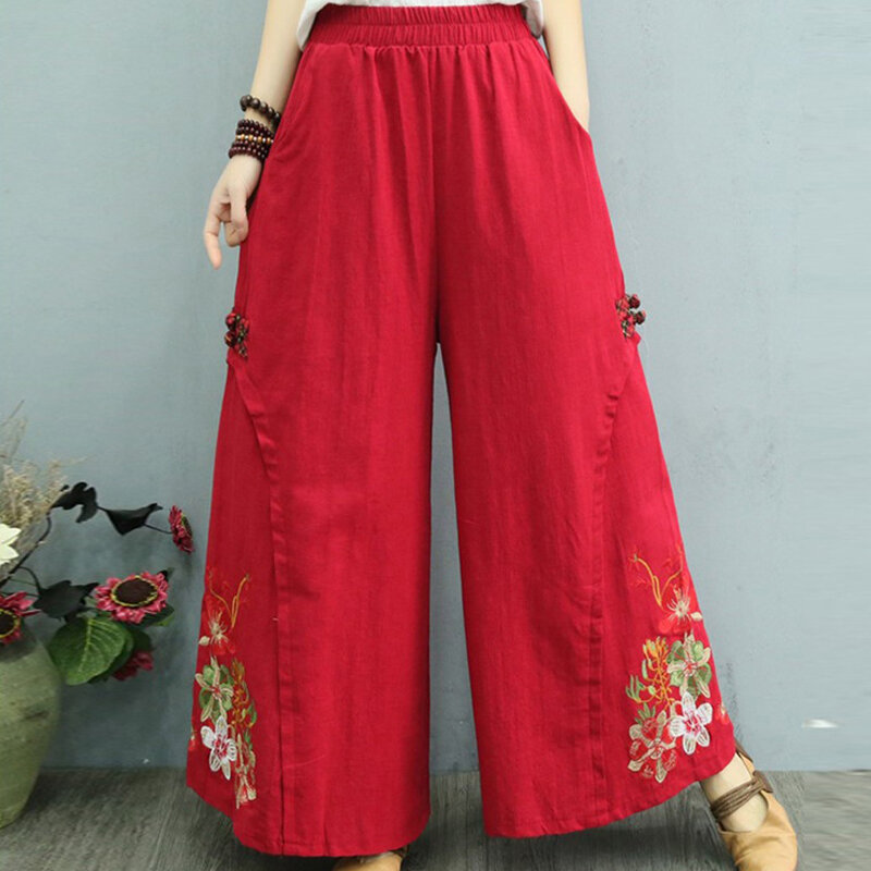 Calças femininas bordadas tradicionais chinesas, calças casuais retrô de perna larga, estilo étnico, calças largas e versáteis, moda