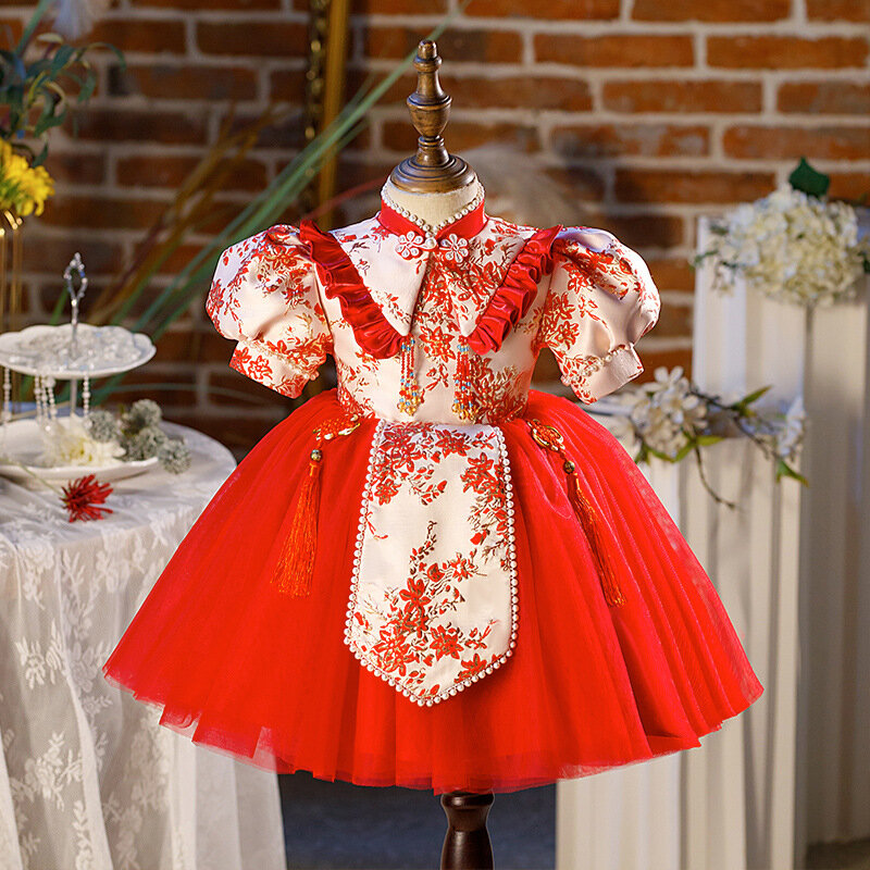 Tradycyjny chiński styl dziecięca sukienka księżniczki Cheongsam przyjęcie urodzinowe urocza wiosenna letnia sukienka dla dzieci