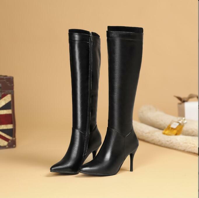 Botas altas de couro PU para mulheres, salto alto, preto, branco, sapatos longos com zíper, moda senhora, outono, inverno