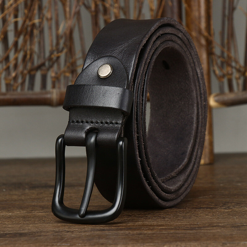 3.8CM Men's Belt Natural Pure Cowhide Belt Vintage Alloy Pin Buckle Jeans Belts Black Strap Casual Genuine Leather Belt For Men
