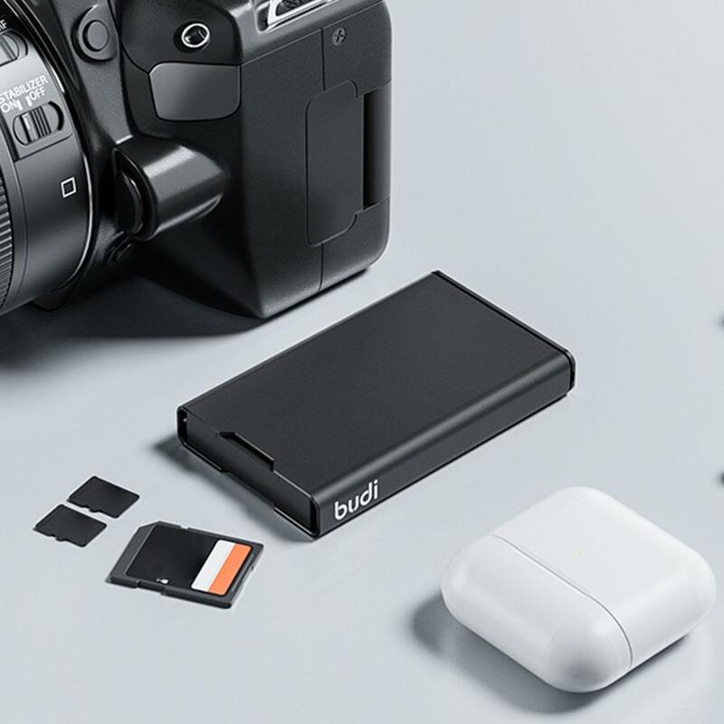 Antiurto SD Micro SD SIM Card Pin Memory Card Storage Box BUDI 1 supporto per telefono lega portatile 17 Card accessori in alluminio