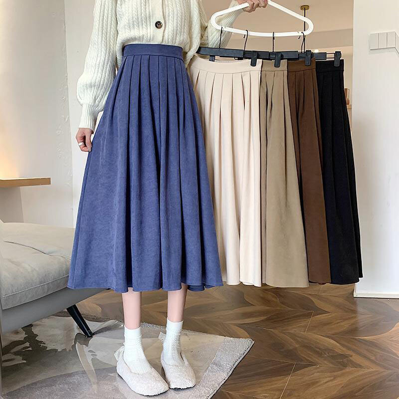 Lucyever-saia plissada de cintura alta para mulheres, moda coreana, estilo universitário, saia longa para senhoras, saia vintage da linha A, casual, outono
