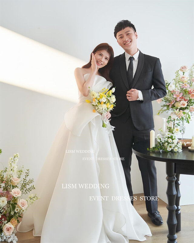 Lism überbackene eine Linie Korea Brautkleider Fee Organza ärmellose Falte eine Linie Brautkleider Frauen benutzer definierte Hochzeit Fotoshooting