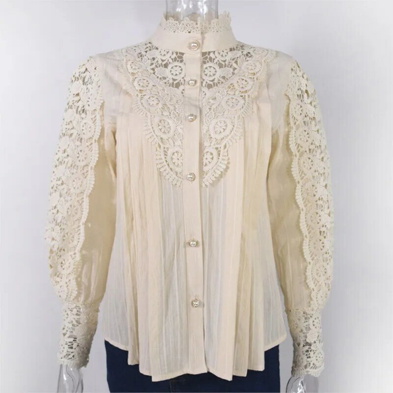 Blusa de renda branca para mulheres, sexy, manga comprida, botão pérola, flor, oca, transparente malha, tops, primavera e verão