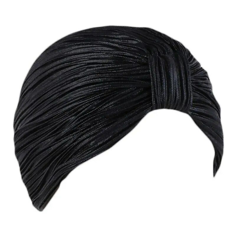 Chapéu turbante feminino enrugado com nó holograma metálico muçulmano quimio elástico para perda cabelo gorro para cabeça