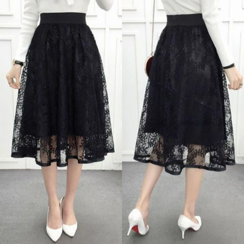 Frühlings mode koreanischer Kreis aushöhlen schwarzen Rock elastisch hohe Taille sanft lässig locker mittellange Version A-Linie halbe Röcke