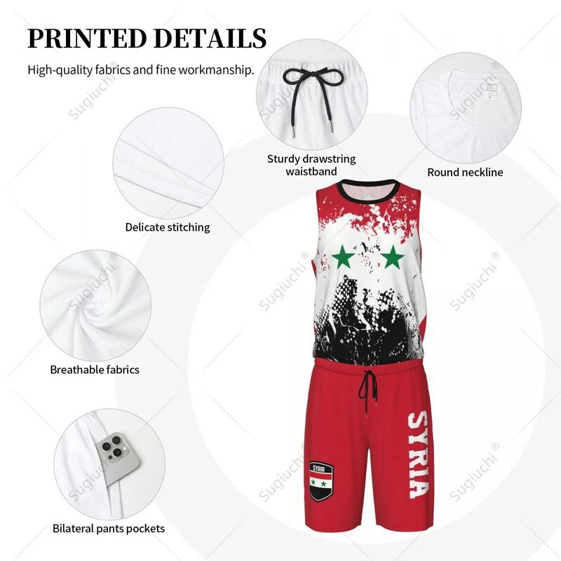Team-up Syria Flag Grain Conjunto de camiseta y pantalones de baloncesto para hombre, sin mangas, nombre personalizado, Nunber exclusivo