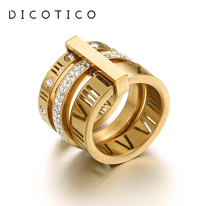 Anéis de aço inoxidável para mulheres e meninas, três camadas, numerais romanos, zircão, casamento nupcial, jóias da moda