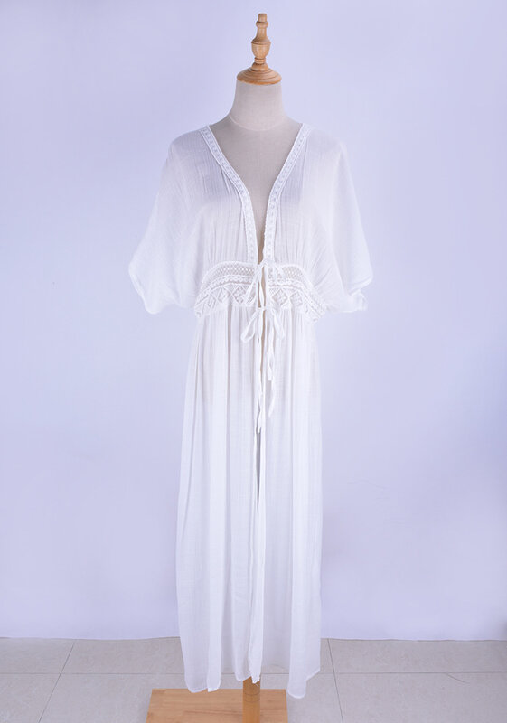 High Quality Solid Color Soft 100%Polyester Women Swimsuit Cover-ups Gown With Lace Tie Flare Sleeve Slip Traditional Swimwear