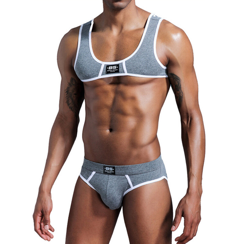 Męskie seksowne majtki z uprzężą na klatkę piersiową bielizna męska podkoszulki Fitness do biegania odzież sportowa na siłownię zestaw ubrań dla mężczyzn