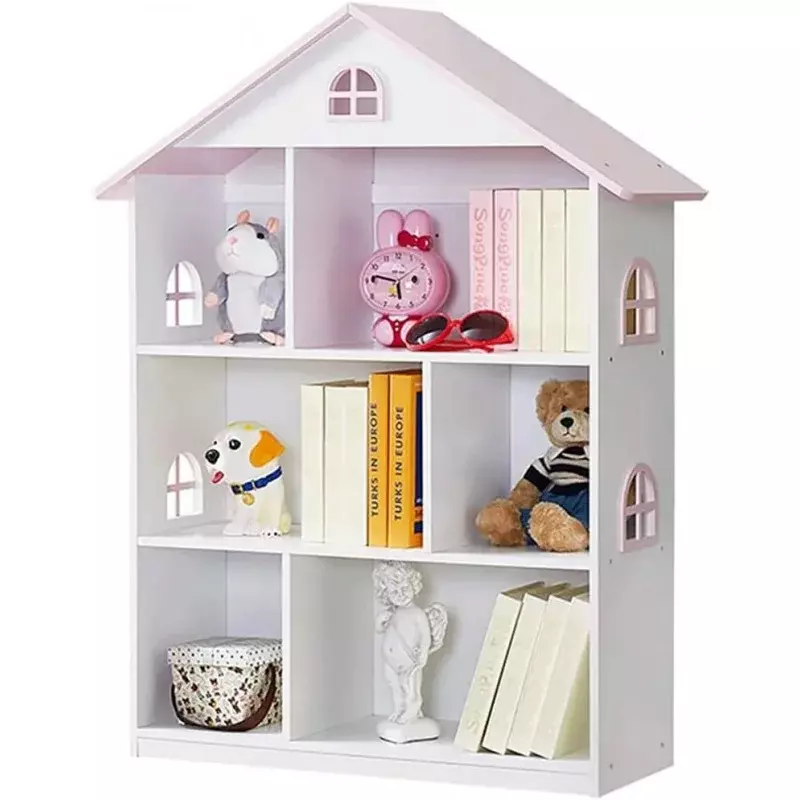 Wooden Dollhouse Bookcase 3-Tier Doll House Bookshelf Kids Books Toys Storage Organizer Shelves for Children's Bedroom Playroom
