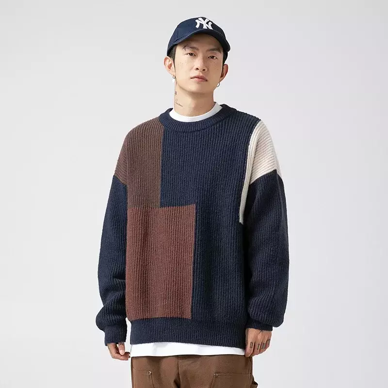 Gaya Jepang warna blok Splicing Sweater pria dan wanita musim gugur dan musim dingin tren baru longgar tebal jarum Pullover pakaian pria