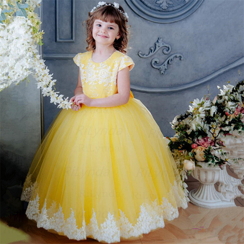 Gaun gadis bunga mengembang lengan panjang untuk pernikahan renda applique gaun kontes pertama balita