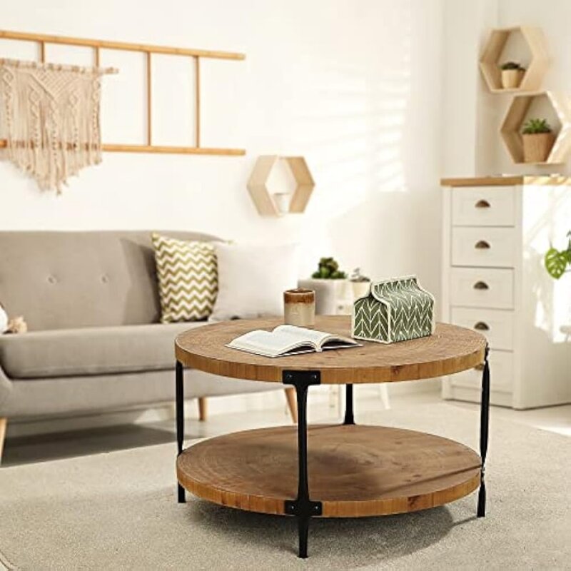 ファームハウス天然円形木製コーヒーテーブル、2層コーヒーテーブル、リビングルーム家具、天然木の色、31.5インチ