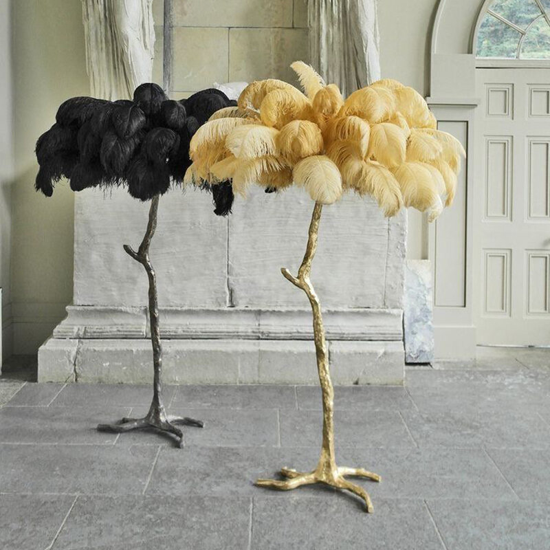 Lámpara de pie de plumas de avestruz para el hogar, decoración nórdica, lámparas de pie de cobre de lujo modernas para sala de estar, iluminación de luz de pie de resina