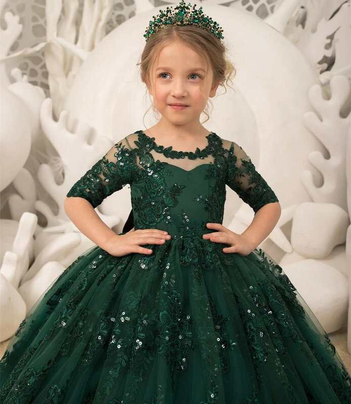 Verde smeraldo lungo principessa fiore ragazza abiti Appliques fiocco Tulle mezza manica festa di nozze Ball Gown compleanno Pageant Robe
