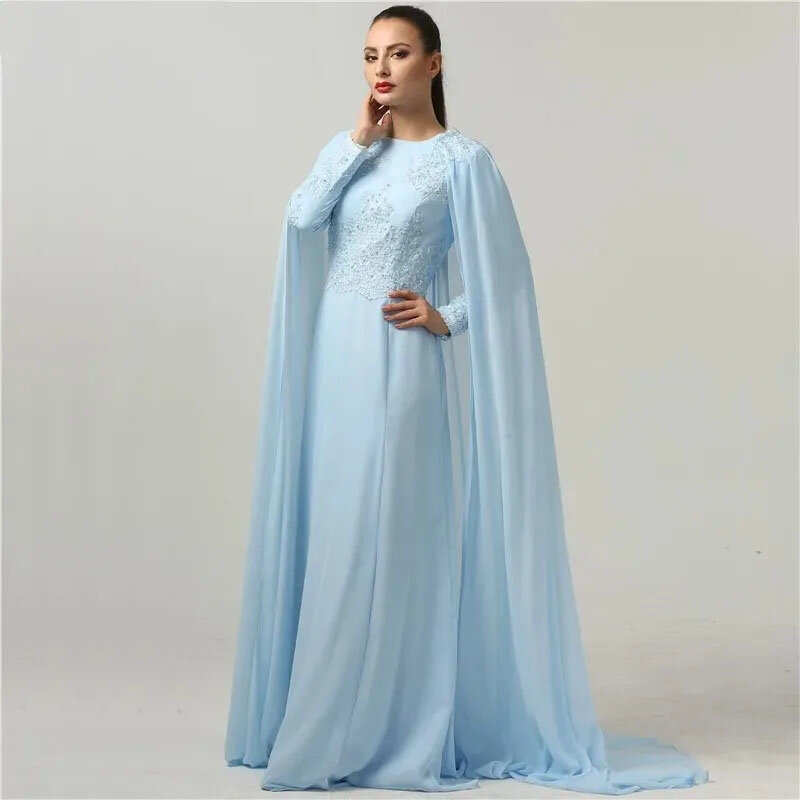 Concurso de noite azul céu com mangas, apliques de renda com gola O, vestido formal de baile muçulmano Chiffon, 2024