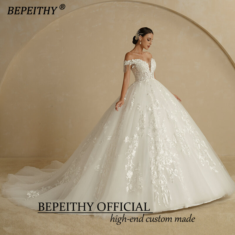 BEPEITHY مثير قبالة الكتف بلا أكمام فلور الأميرة ثوب زفاف 2022 للنساء رخيصة على الانترنت العاج الخامس الرقبة الدانتيل فساتين زفاف