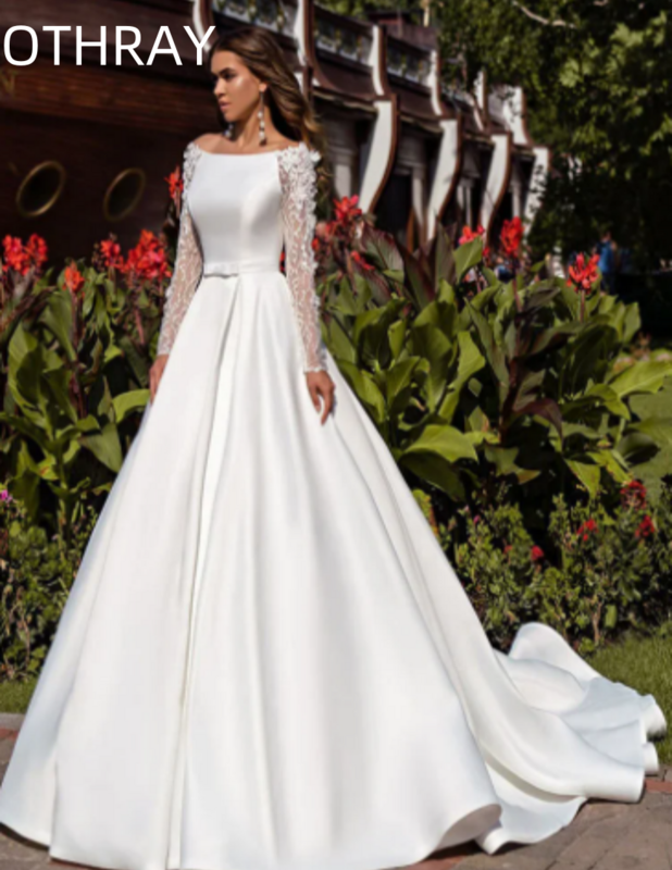 Vestido de casamento em cetim aberto com cinto para mulheres, vestido de noiva longo, vestidos de noiva de Dubai, mangas compridas, 2024