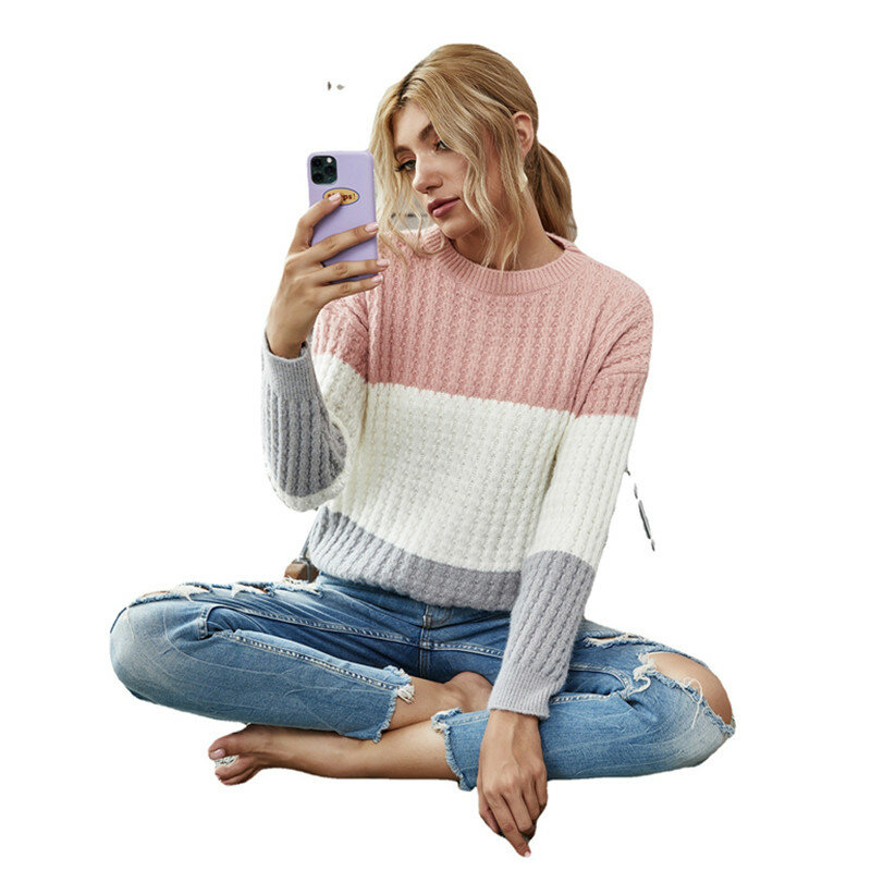 Новинка сезона осень-зима 2023, Женский контрастный Свободный пуловер контрастной цветовой гаммы для отдыха, женский свитер