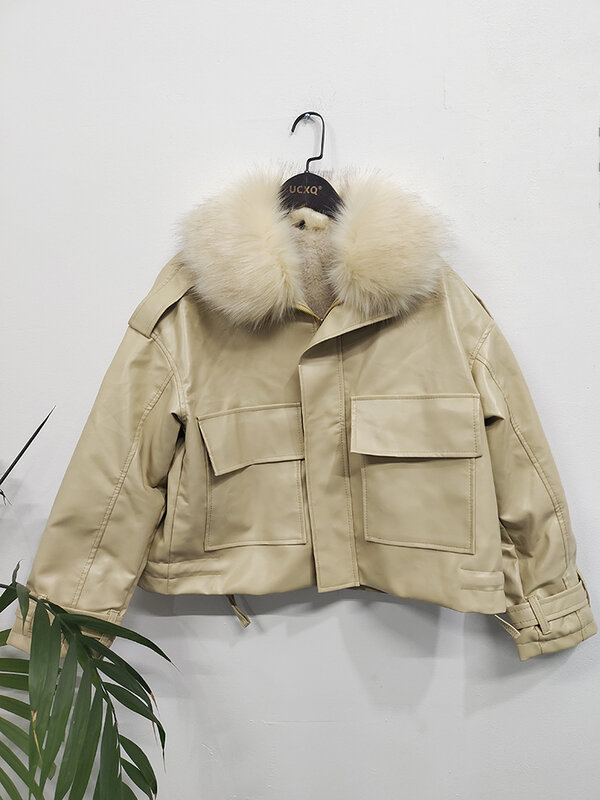 UXQ-casaco de couro espesso luxuoso para mulheres, gola de pele sintética destacável, jaqueta quente, nova moda, outono e inverno, 2023